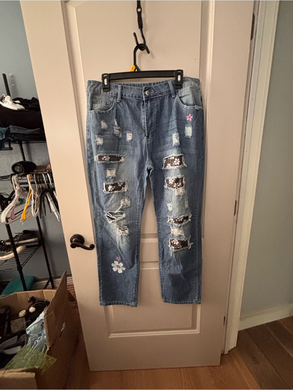 Women’s Distressed Sequin Patch Jeans - Blue